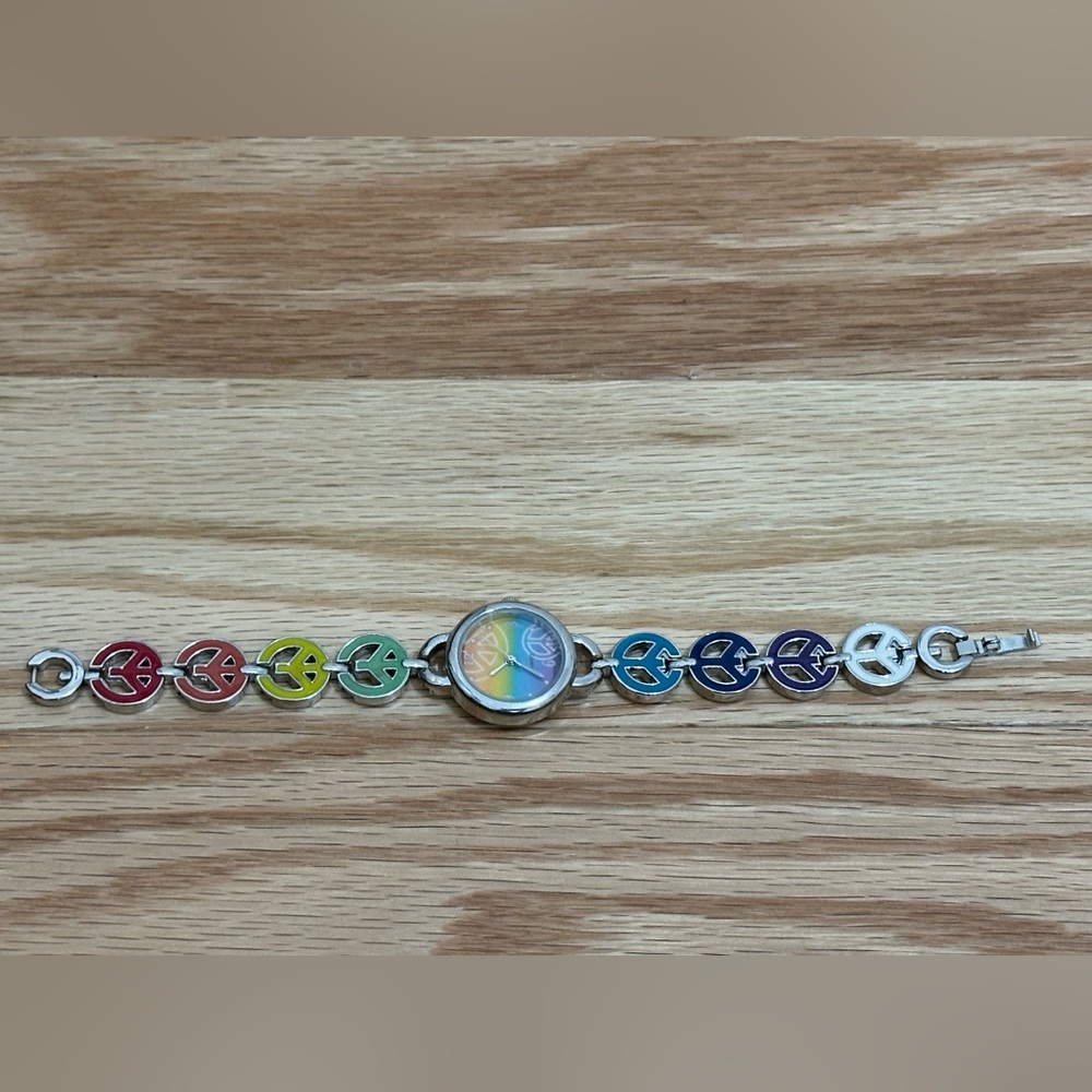 Vintage 90s 60s peace sign rainbow colored quartz wrist watch
